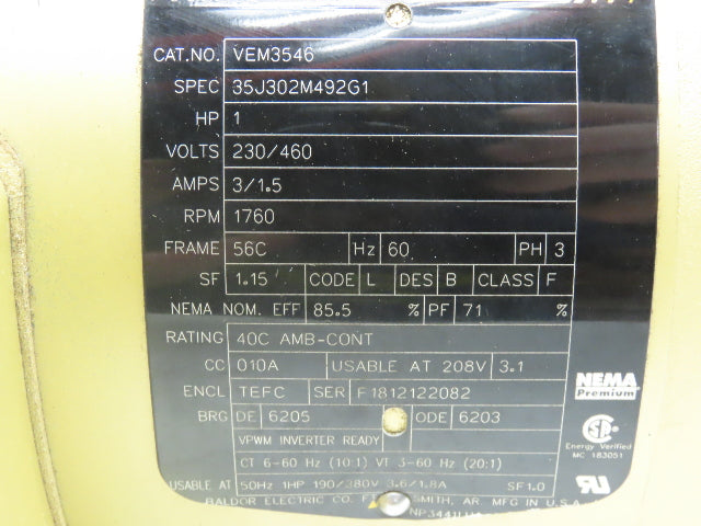 Baldor VEM3546 Super-E AC Motor 1Hp 1760 RPM 230/460V 3PH 56C TEFC