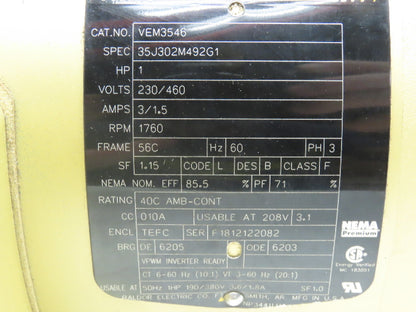 Baldor VEM3546 Super-E AC Motor 1Hp 1760 RPM 230/460V 3PH 56C TEFC