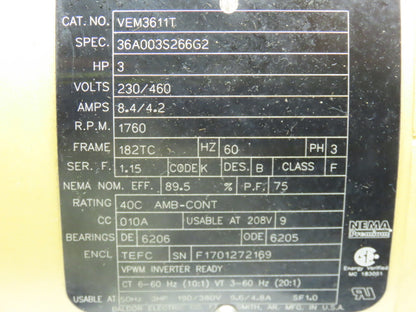 Baldor VEM3611T Super-E AC Motor 3Hp 1760 RPM 230/460V 3PH 182TC TEFC