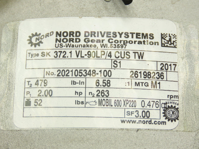 Nord SK 372.1 VL-90LP/4 CUS TW Inline Gearmotor 6.58 Ratio 263 RPM 2Hp 230/460V