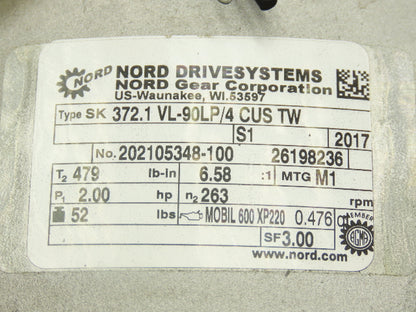 Nord SK 372.1 VL-90LP/4 CUS TW Inline Gearmotor 6.58 Ratio 263 RPM 2Hp 230/460V