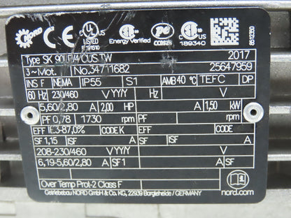 Nord SK 372.1 VL-90LP/4 CUS TW Inline Gearmotor 6.58 Ratio 263 RPM 2Hp 230/460V