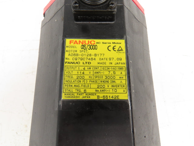 Fanuc A06B-0128-B177 AC Servo Motor 1.4kW 114V 3PH 3000RPM Encoder A8600365T101