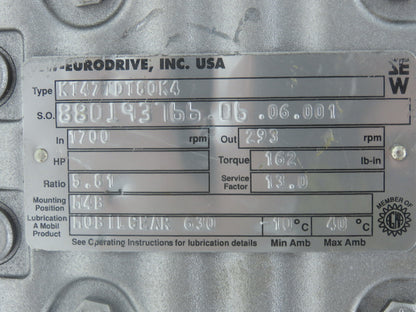 Sew Eurodrive KT47TDT80K4 Gearmotor 5.81 Ratio 293rpm .75Hp 230/460 Hollow Shaft