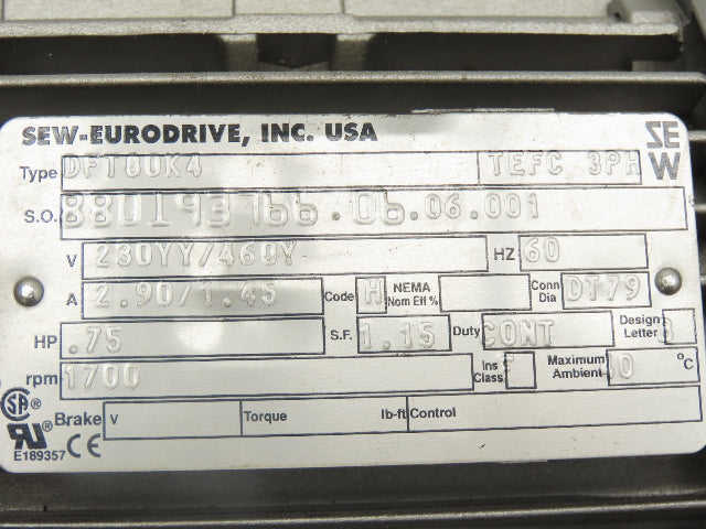 Sew Eurodrive KT47TDT80K4 Gearmotor 5.81 Ratio 293rpm .75Hp 230/460 Hollow Shaft