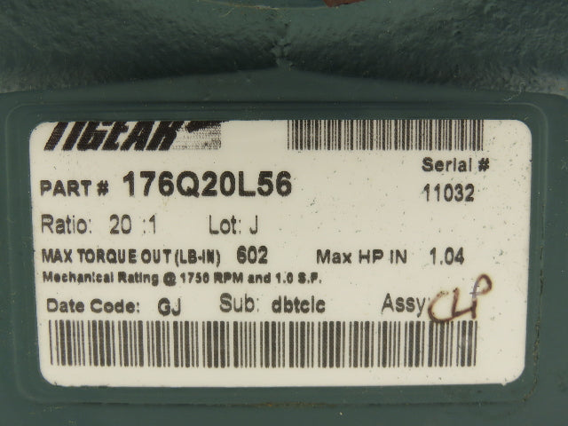 Dodge Tigear 2 176Q20L56 Worm Gearbox 20:1 Ratio Reducer 1.04Hp 87.5rpm LH 56C
