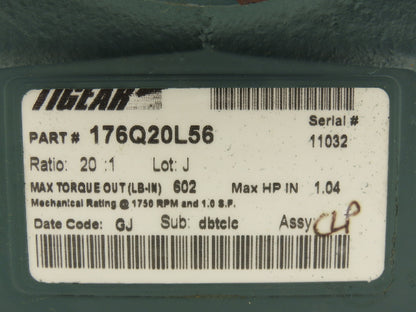 Dodge Tigear 2 176Q20L56 Worm Gearbox 20:1 Ratio Reducer 1.04Hp 87.5rpm LH 56C