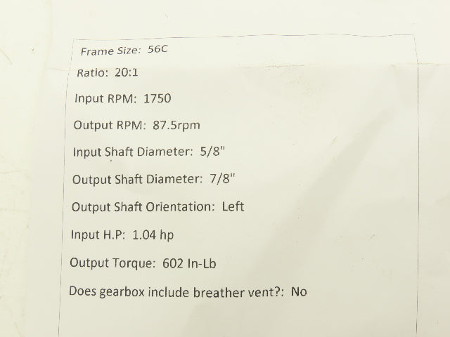 Dodge Tigear 2 176Q20L56 Worm Gearbox 20:1 Ratio Reducer 1.04Hp 87.5rpm LH 56C