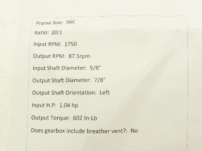 Dodge Tigear 2 176Q20L56 Worm Gearbox 20:1 Ratio Reducer 1.04Hp 87.5rpm LH 56C