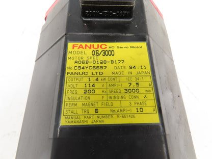 Fanuc A06B-0128-B177 AC Servo Motor 1.4kW 114V 3PH 3000RPM Encoder A8600365T101