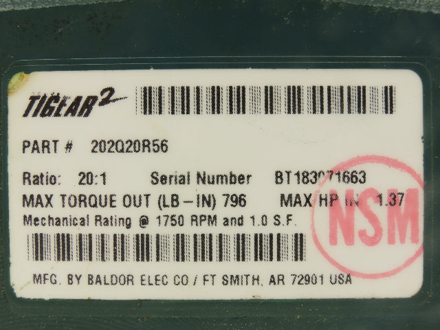 Dodge Tigear 2 202Q20R56 Worm Gearbox 20:1 Reducer 88 RPM 1.37Hp 56C RH Output