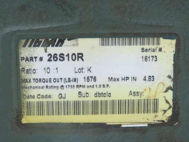 Dodge Tigear 2 26S10R Worm Gearbox 10:1 Reducer 175 RPM 4.8Hp 140TC RH Output