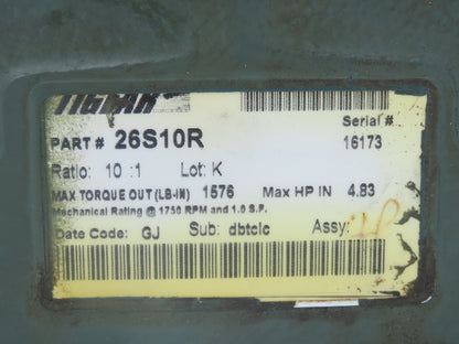 Dodge Tigear 2 26S10R Worm Gearbox 10:1 Reducer 175 RPM 4.8Hp 140TC RH Output