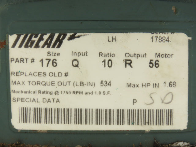 Dodge Tigear 2 176Q10R56 Worm Gearbox 10:1 Ratio Reducer 1.68Hp 175rpm LH 56C
