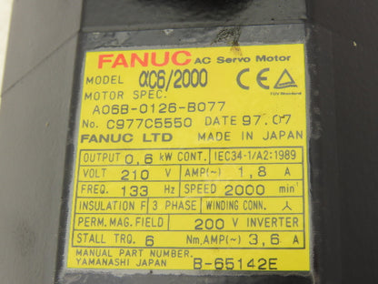 Fanuc A06B-0126-B077 AC Servo Motor 0.6Kw 2000RPM 210V 3Ph Pulsecoder