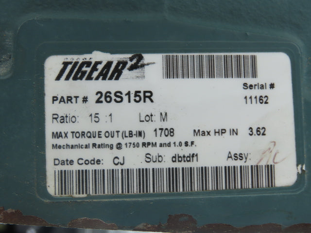 Dodge Tigear 2 26S15R Worm Gearbox 15:1 Reducer 116rpm 3.62Hp 140TC LH Output