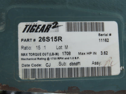 Dodge Tigear 2 26S15R Worm Gearbox 15:1 Reducer 116rpm 3.62Hp 140TC LH Output