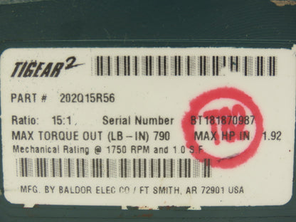 Dodge Tigear 202Q15R56 Worm Gearbox 15:1 Reducer 116 RPM 1.92HP RH 56C 790 In-Lb