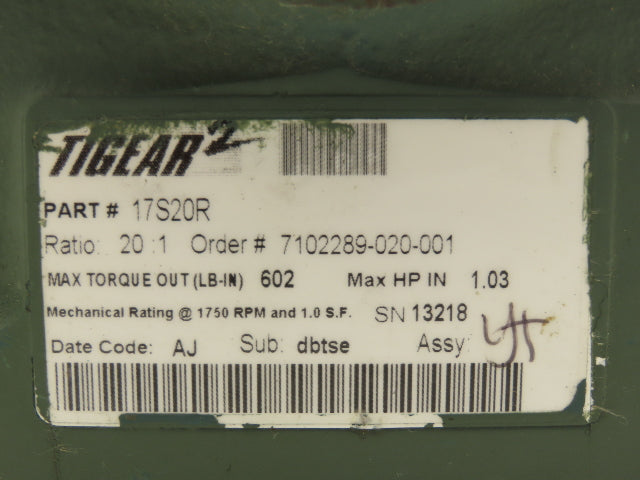 Dodge Tigear 17S20R Gearbox Speed Reducer 20:1 Ratio 87.5rpm 1.03Hp 7/8" RH