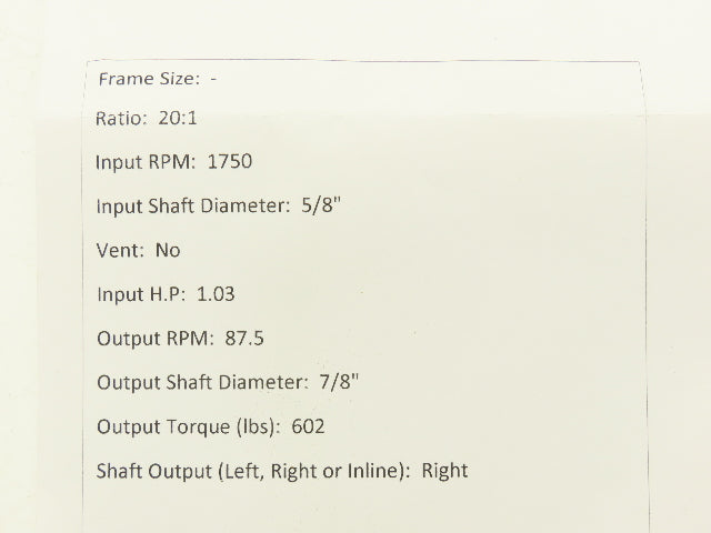 Dodge Tigear 17S20R Gearbox Speed Reducer 20:1 Ratio 87.5rpm 1.03Hp 7/8" RH