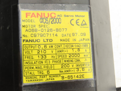 Fanuc A06B-0126-B077 AC Servo Motor 0.6Kw 2000RPM 210V 3Ph *Needs Repair*