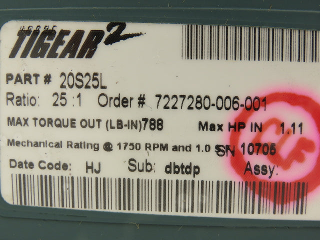 Dodge Tigear 2 20S25L Worm Gearbox 25:1 Reducer 70 RPM 1.11Hp LH 788 In-Lb