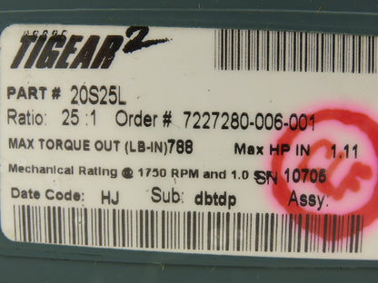 Dodge Tigear 2 20S25L Worm Gearbox 25:1 Reducer 70 RPM 1.11Hp LH 788 In-Lb