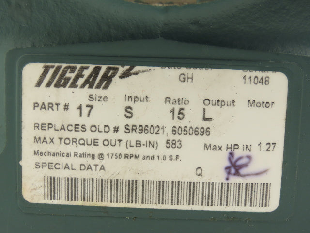 Dodge Tigear 2 17S15L Worm Gearbox 15:1 Reducer 116 RPM 1.27Hp LH 583 In-Lb