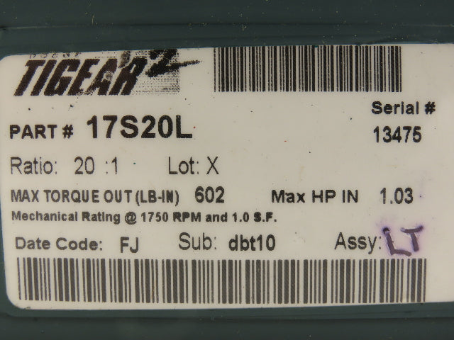 Dodge Tigear 2 17S20L Worm Gearbox 20:1 Reducer 88 RPM 1Hp LH 602 In-Lb