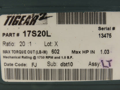 Dodge Tigear 2 17S20L Worm Gearbox 20:1 Reducer 88 RPM 1Hp LH 602 In-Lb