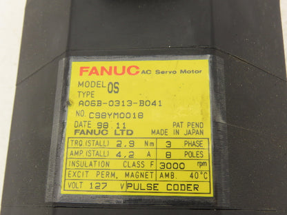 Fanuc A06B-0313-B041 AC Servo Motor 0.75kW 3000RPM 127V 3PH 2.9Nm 4.2A Encoder