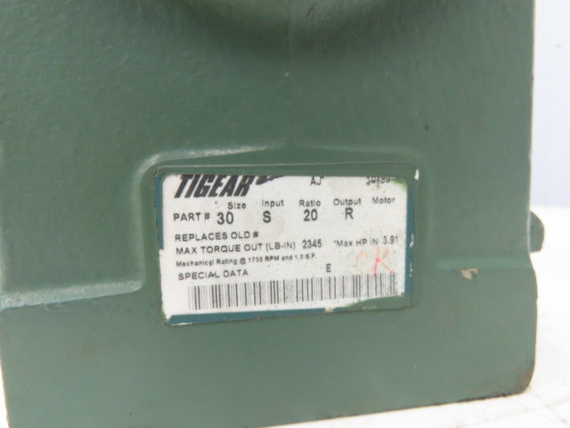 Dodge Tigear 30S20R Worm Gearbox 20:1 Reducer 3.8Hp 88rpm RH Output 2345 In-Lb