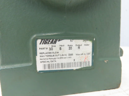 Dodge Tigear 30S20R Worm Gearbox 20:1 Reducer 3.8Hp 88rpm RH Output 2345 In-Lb