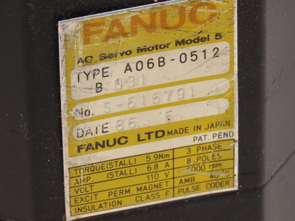 Fanuc A06B-0512-B031 AC Servo Motor 0.9kW 2000RPM 110V 3PH 5.9Nm 6.8A Encoder