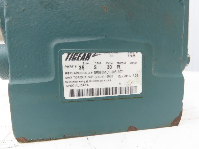 Dodge Tigear 35S30R Worm Gearbox 30:1 Reducer 4.33Hp 58rpm RH Output 3682 In-Lb