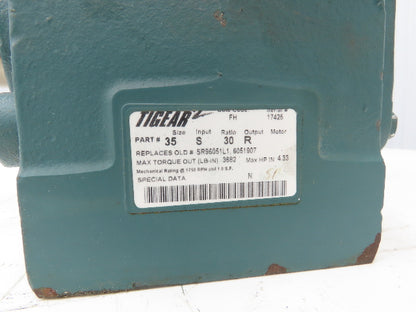 Dodge Tigear 35S30R Worm Gearbox 30:1 Reducer 4.33Hp 58rpm RH Output 3682 In-Lb