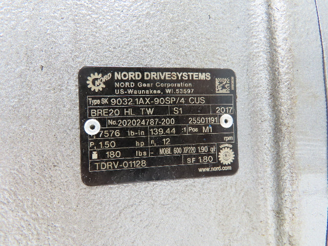 Nord 9032.1AX-90SP/4 Gearmotor 140:1 Speed Reducer 12 RPM 1.5Hp 230/460V