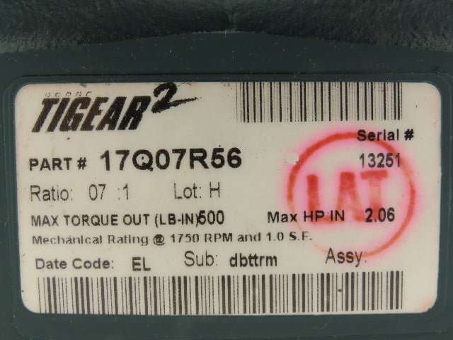 Dodge Tigear 2 17Q07R56 Worm Gearbox 7:1 Reducer 250 RPM 2Hp 56C RH 600 In-Lb