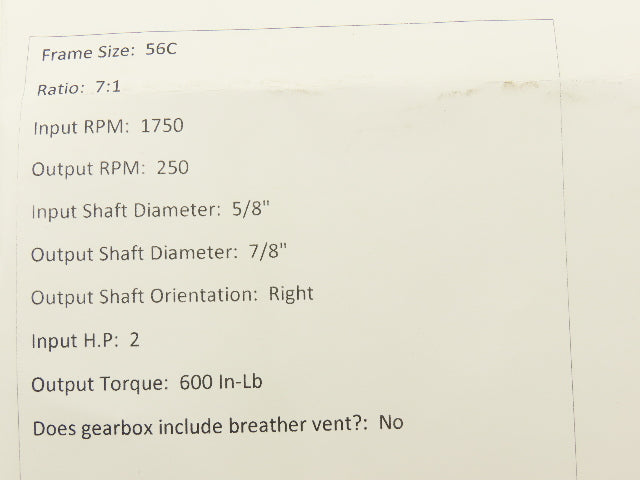 Dodge Tigear 2 17Q07R56 Worm Gearbox 7:1 Reducer 250 RPM 2Hp 56C RH 600 In-Lb
