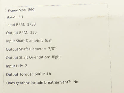 Dodge Tigear 2 17Q07R56 Worm Gearbox 7:1 Reducer 250 RPM 2Hp 56C RH 600 In-Lb
