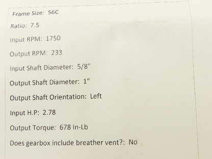 Dodge Tigear-2 20Q07L56 Worm Gearbox 7.5:1 Reducer 233rpm 2.7Hp 56C LH 678 In-Lb