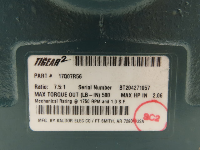 Dodge Tigear 2 17Q07R56 Worm Gearbox 7.5:1 Reducer 233 RPM 2Hp 56C RH 500 In-Lb