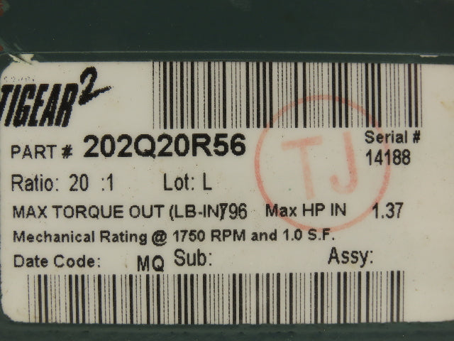 Dodge Tigear 2 202Q20R56 Worm Gearbox 20:1 Reducer 88RPM 1.37Hp RH 56C 796 In-Lb
