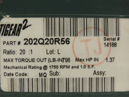 Dodge Tigear 2 202Q20R56 Worm Gearbox 20:1 Reducer 88RPM 1.37Hp RH 56C 796 In-Lb