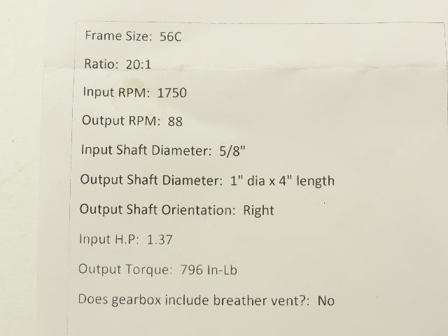 Dodge Tigear 2 202Q20R56 Worm Gearbox 20:1 Reducer 88RPM 1.37Hp RH 56C 796 In-Lb
