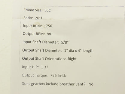Dodge Tigear 2 202Q20R56 Worm Gearbox 20:1 Reducer 88RPM 1.37Hp RH 56C 796 In-Lb