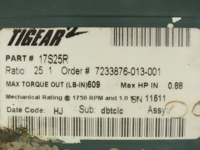 Dodge Tigear-2 17S25R Worm Gearbox 25:1 Reducer 70rpm .88Hp RH 609 In-Lb