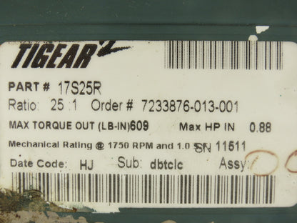 Dodge Tigear-2 17S25R Worm Gearbox 25:1 Reducer 70rpm .88Hp RH 609 In-Lb