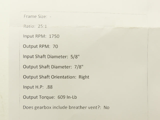 Dodge Tigear-2 17S25R Worm Gearbox 25:1 Reducer 70rpm .88Hp RH 609 In-Lb