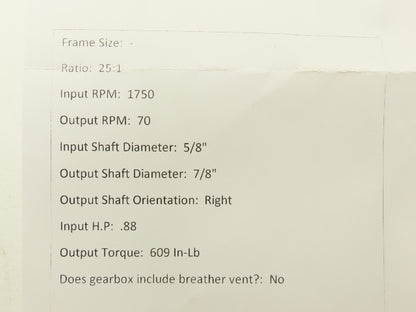 Dodge Tigear-2 17S25R Worm Gearbox 25:1 Reducer 70rpm .88Hp RH 609 In-Lb
